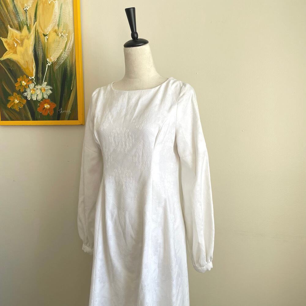 Vintage 60s 70s White Long Sleeve Maxi Dress Medium - Picture 2 of 7